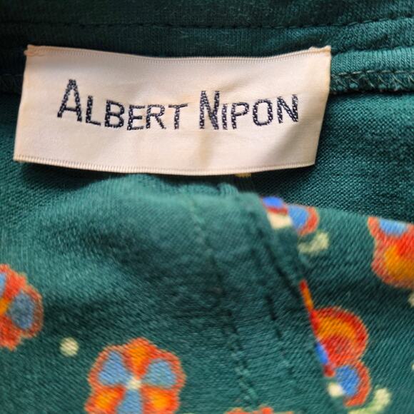 Vintage 80s Albert Nipon Women's Floral Geometric Wool Blend Midi Dress  8 Green - Picture 6 of 7